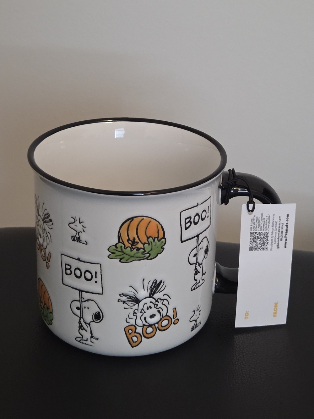 Peanuts Halloween Snoopy Ceramic Mug BOO- White & Black with Orange Accents